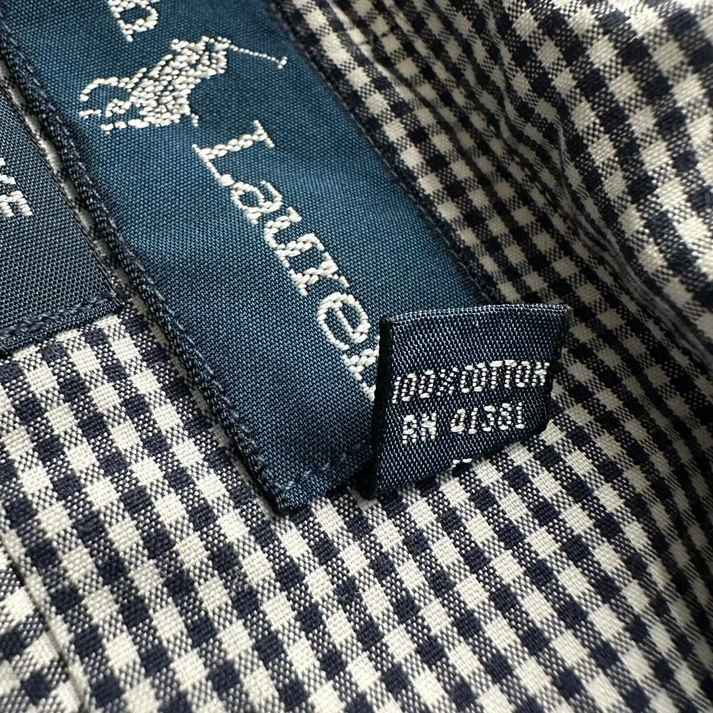 Polo Ralph Lauren Shirt Men's Large Navy Blue‎ Micro Gingham Button Blake Cotton
